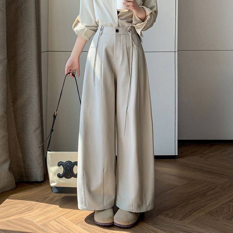 여성 하이웨이스트 와이드 팬츠 텐셀 코튼 소재 슬림 디자인 캐주얼 바지 편안한 착용감 데일리 스타일 가을 외출용 트렌디한 룩 - 상품 이미지