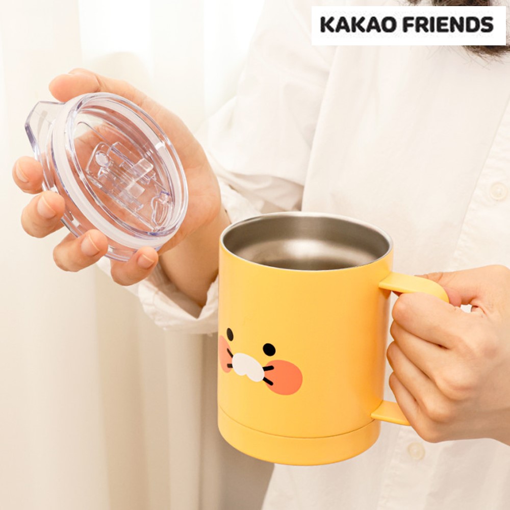 춘식이 텀블러 컵 스텐 손잡이 보온 보냉 뚜껑 카카오 굿즈 340ml, 옐로우, 1개 - 상품 이미지