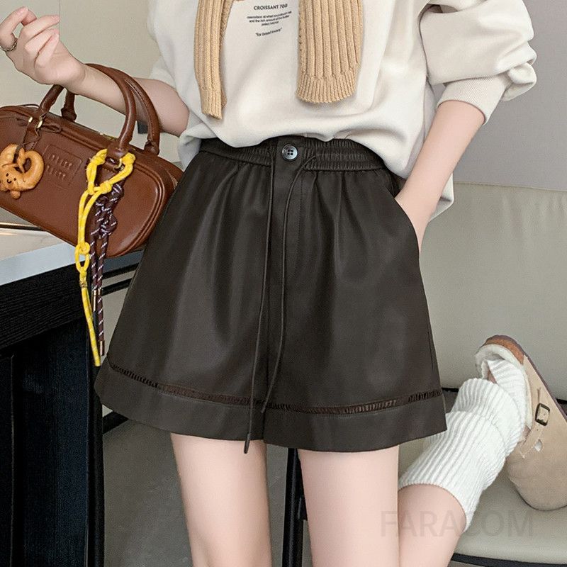 여성 하이웨스트 PU 가죽 반바지 여름용 시원한 착용감 데일리 와이드 레그 팬츠 캐주얼 스타일 편안한 외출용 팬츠 - 상세 이미지 4