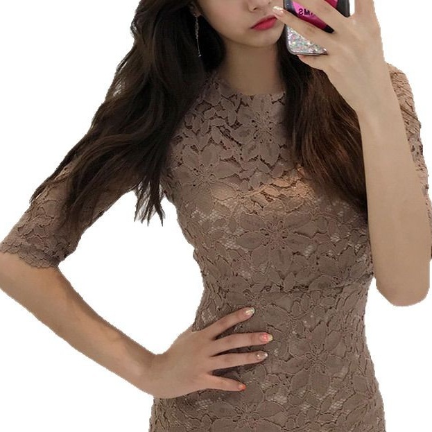 여성 봄 가을 레이스 미디 원피스 5부소매 하객룩 모임룩 데이트룩 - 상세 이미지 5