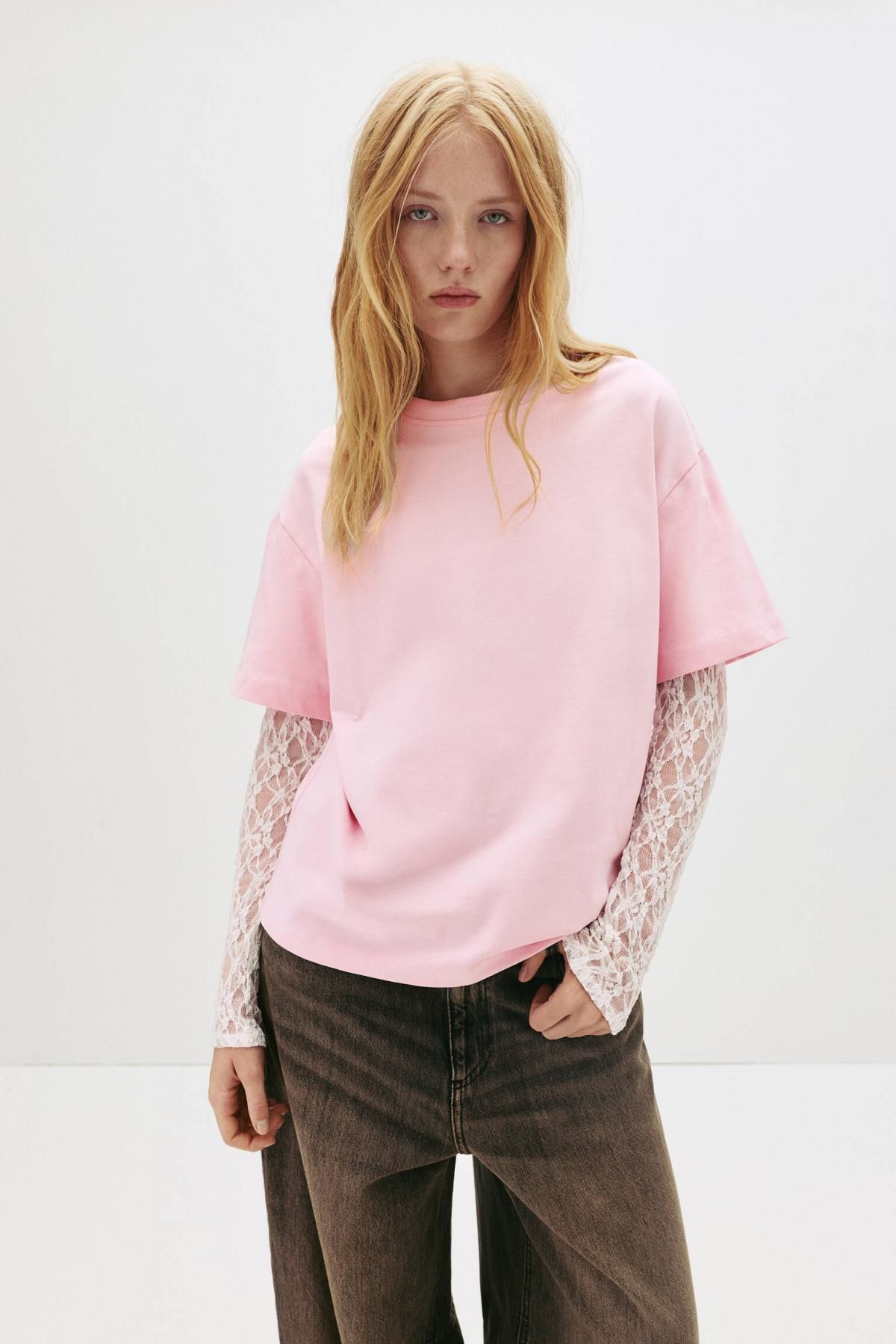 풀앤베어 레이스 레이어드 오버핏 라운드넥 긴팔 티셔츠 7151/390 PINK - 상세 이미지 5