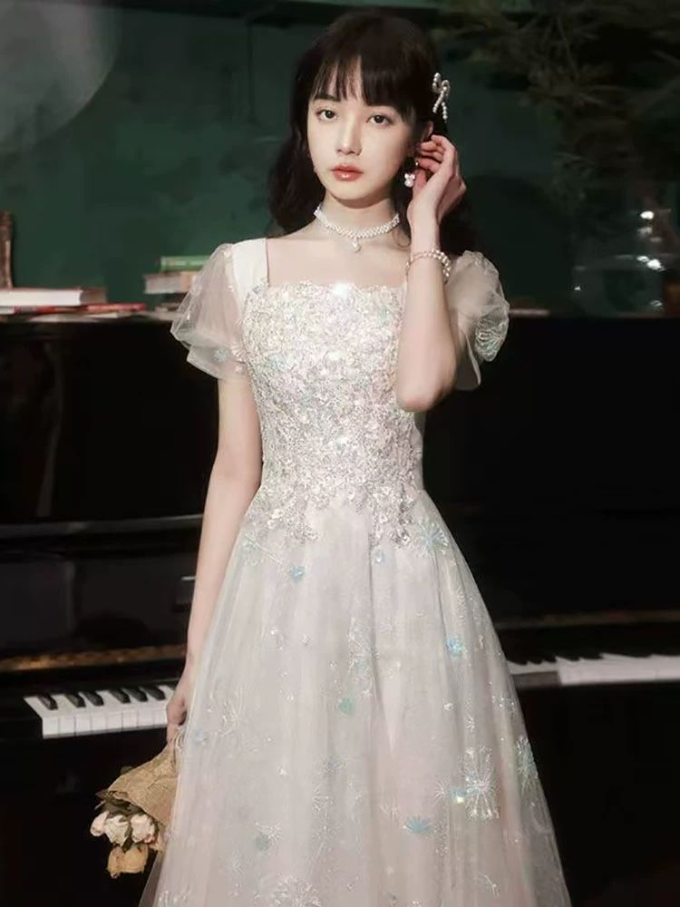 플러스사이즈돌맘드레스 셀프웨딩 연주회복 이브닝드레스 4XL까지  샴페인화이트 긴치마 140cm XS 41.5kg 정도 착용 - 상세 이미지 3