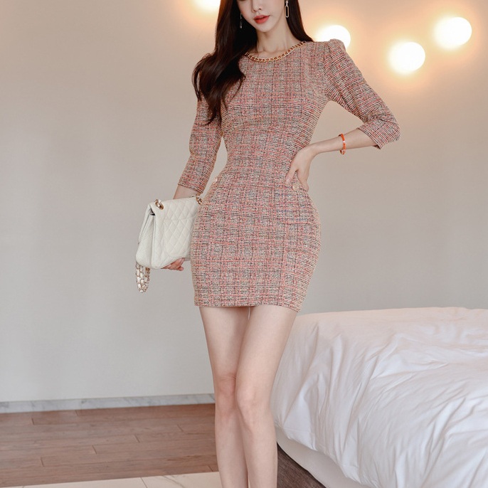 여성 봄 가을 트위드 미니원피스 7부소매 체인 라운드넥 하객룩 모임룩 - 상세 이미지 2