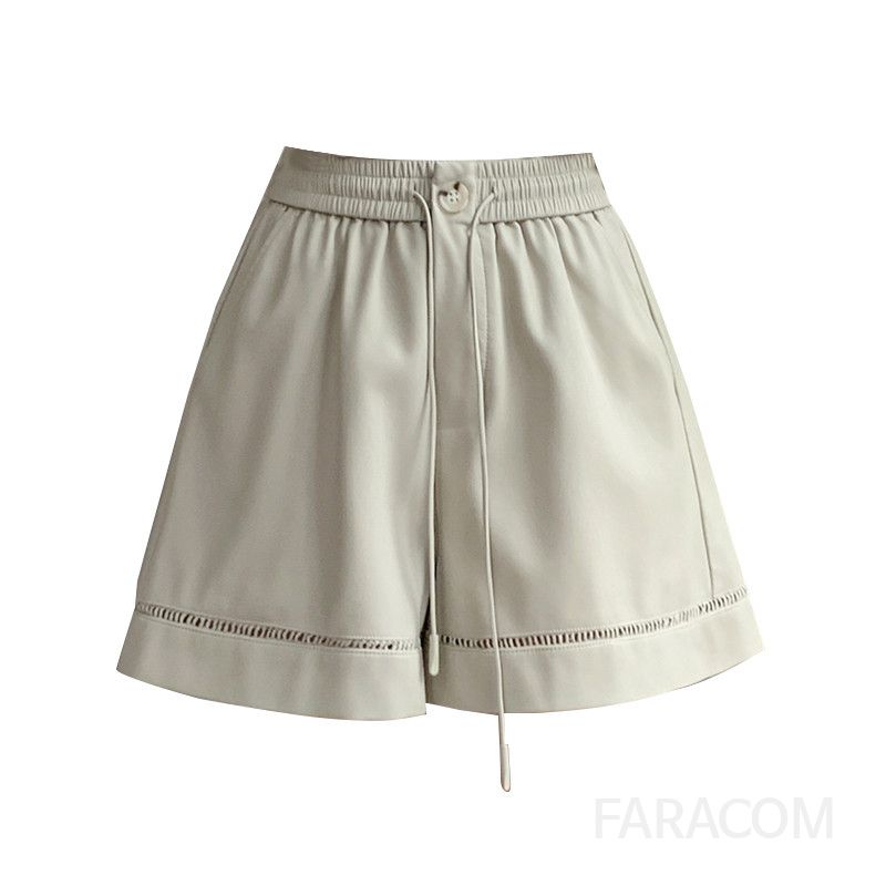 여성 하이웨스트 PU 가죽 반바지 여름용 시원한 착용감 데일리 와이드 레그 팬츠 캐주얼 스타일 편안한 외출용 팬츠 - 상세 이미지 5