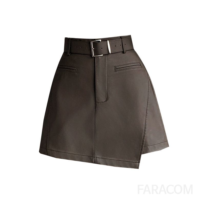 여성 하이웨이스트 가죽 A라인 스커트 팬츠 캐주얼 스타일 착용감 좋은 올매치 레더 스커트 미니멀한 디자인 데일리룩 가을 패션 - 상세 이미지 5