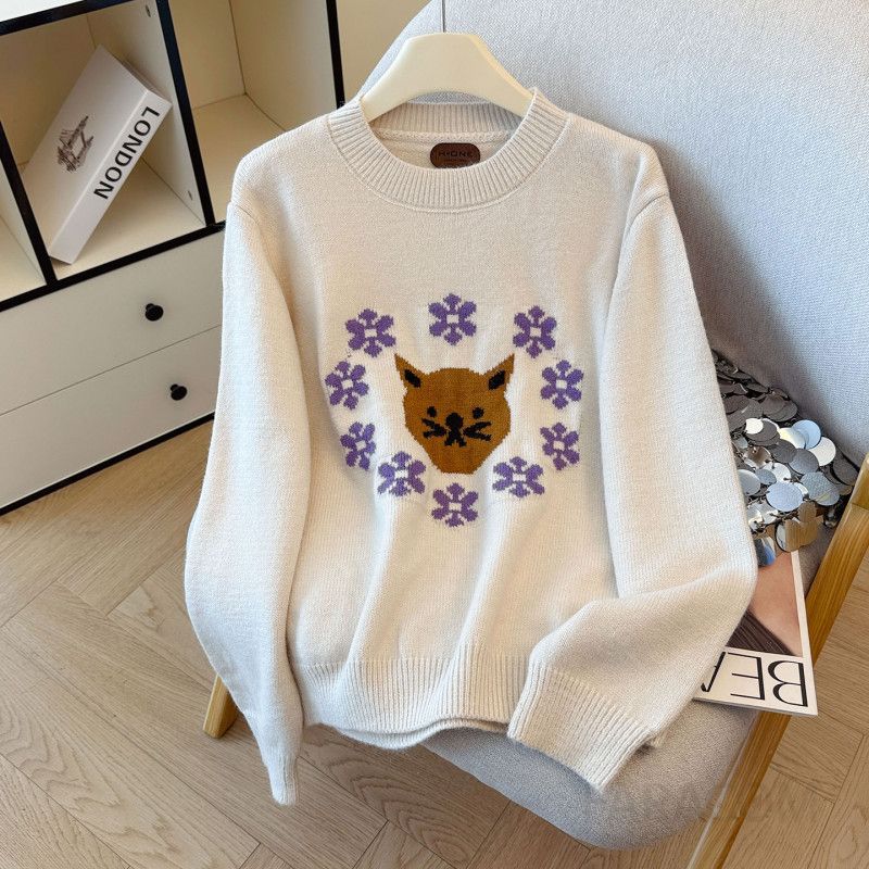 라운드넥 고양이 자카드 여성 니트 스웨터 귀여운 디자인 데일리룩 부드러운 착용감 봄가을용 상의 트렌디한 스타일 - 상세 이미지 5