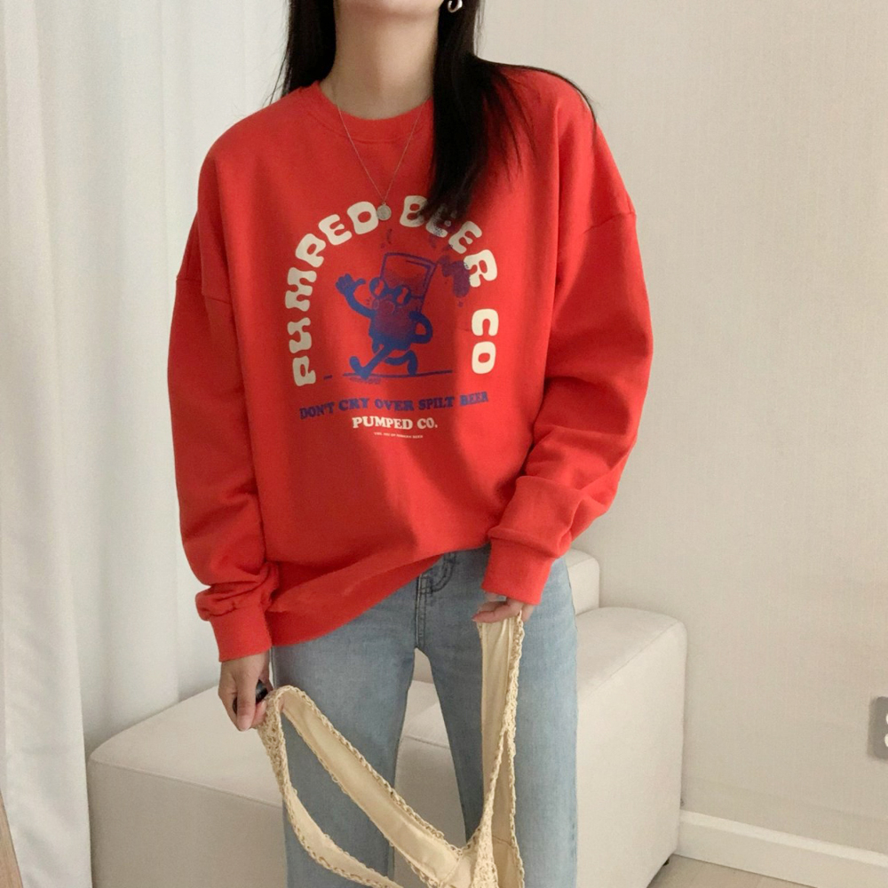 귀여운 오버핏 비어 프린팅 레터링 티셔츠 여성 맨투맨 박스티 여자 가을 티셔츠 코튼 - 상세 이미지 5