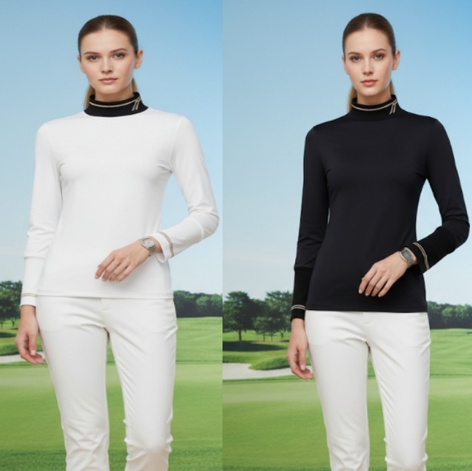 와이드앵글 여성 가을 골드 로고 포인트 자카드 골프웨어 필드룩 긴팔 티셔츠