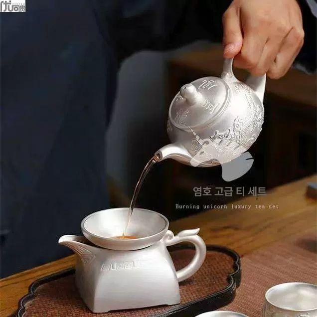 은주전자 차 은다기 다기 도자기 수공예 앤틱 주전자 다관 티팟 수제 만복 다기 1주전자 2잔 - 상세 이미지 4