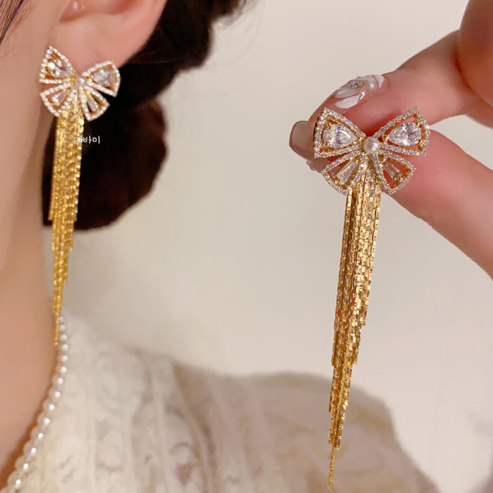 14K 빅 리본 롱 태슬 이어링 큐빅 여자명품귀걸이 이미지 6