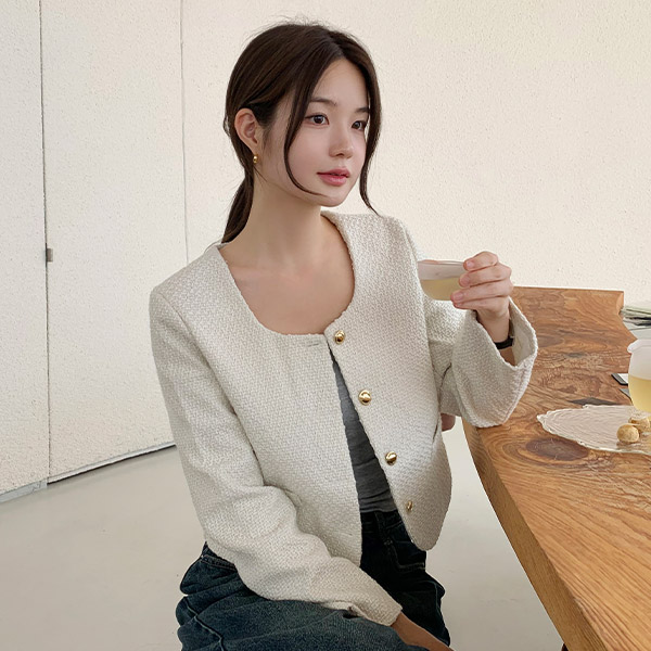 골드버튼 트위드 자켓 여성용 유넥 크롭 자켓 긴팔 데일리 출근 하객룩  jk3000