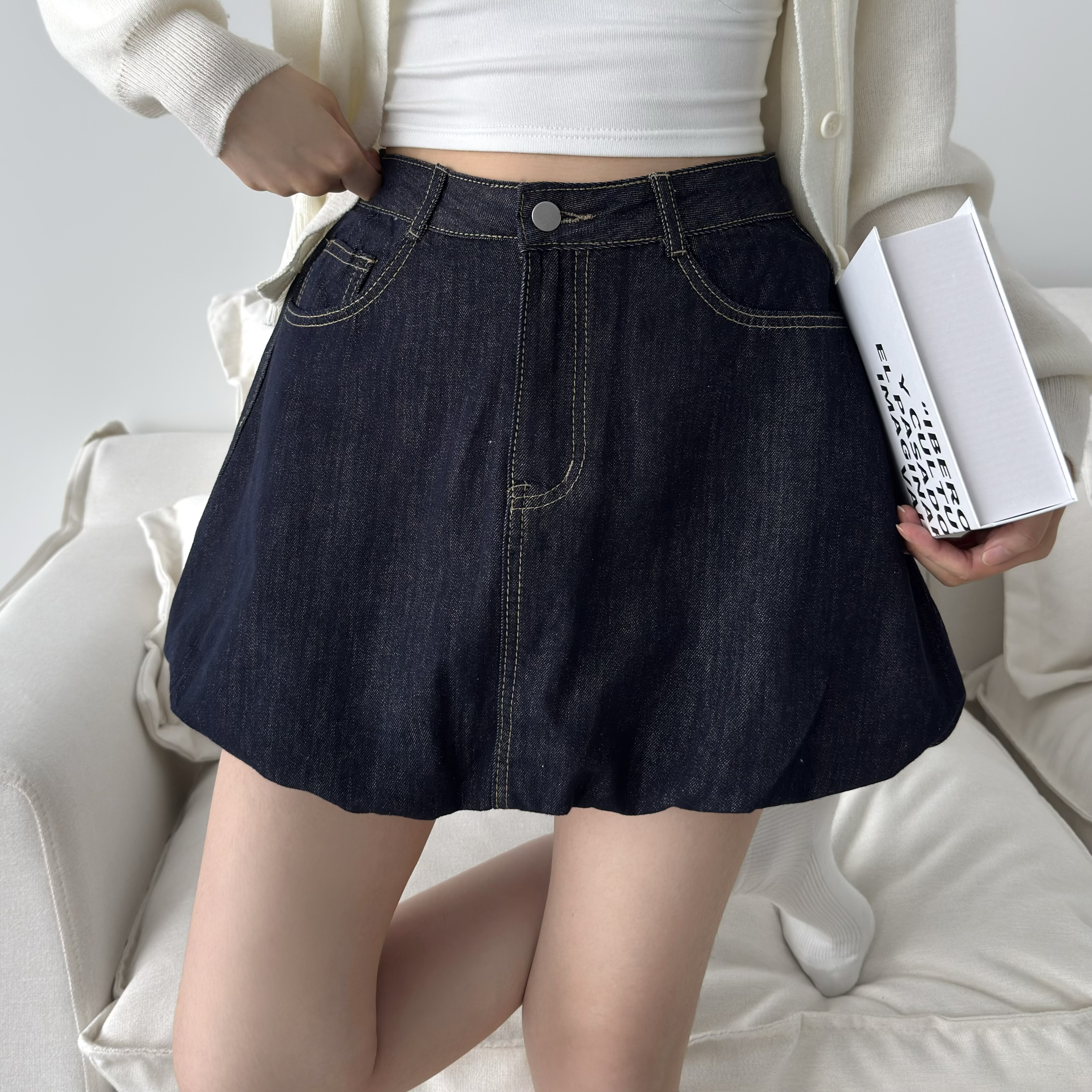사계절 여성 논페이드 데님 치마 생지 데님 스커트 - 상세 이미지 2