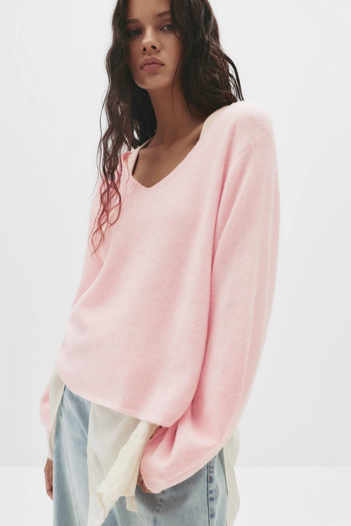 풀앤베어 페일핑크 소프트 브이넥 니트 스웨터 7550/363 PINK - 상세 이미지 3