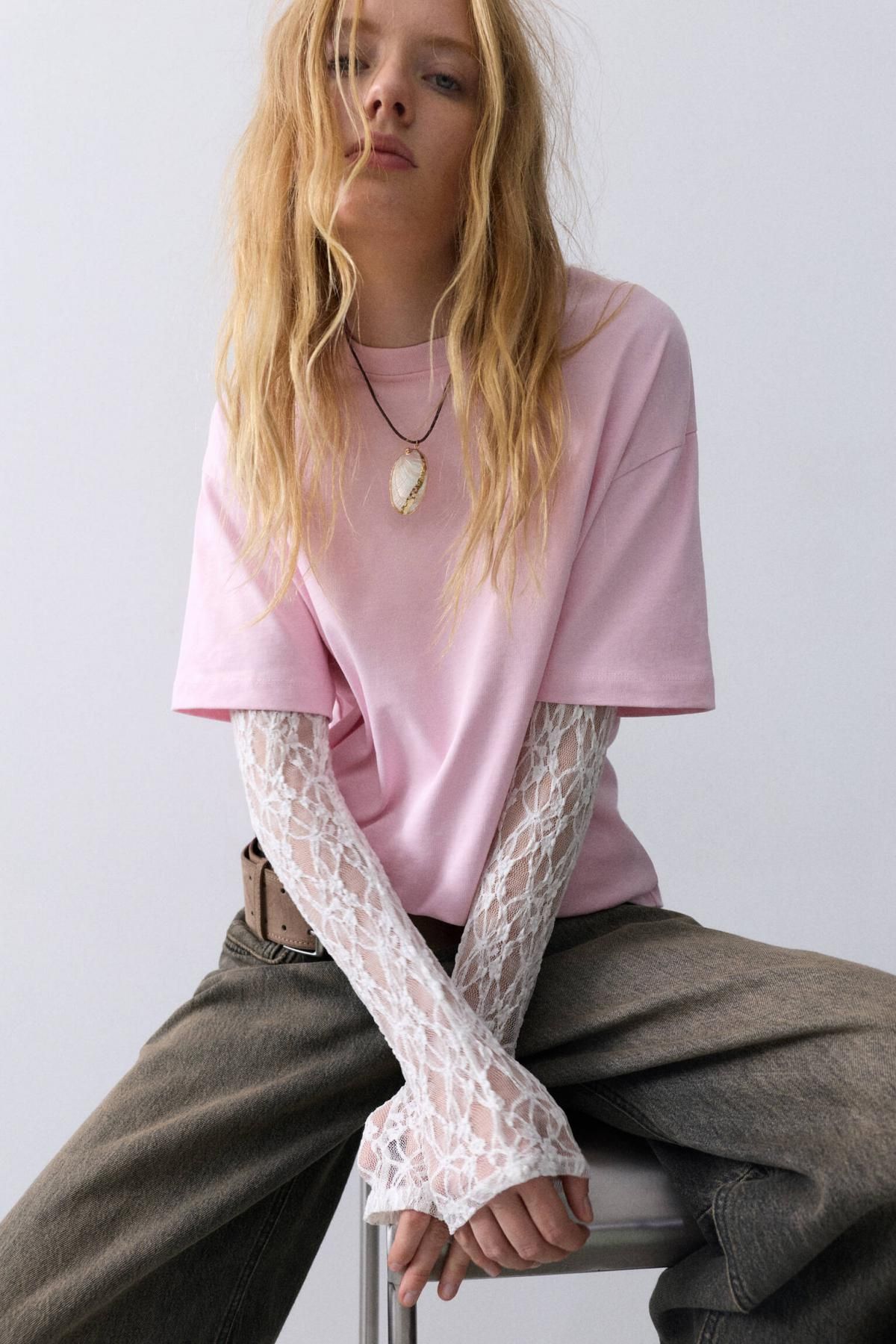 풀앤베어 레이스 레이어드 오버핏 라운드넥 긴팔 티셔츠 7151/390 PINK - 상세 이미지 2