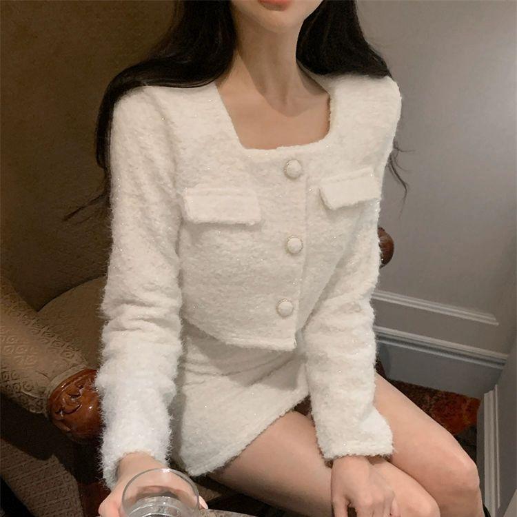 스퀘어넥투피스 하객룩 투피스 크롭자켓 스커트 가을 겨울 그레이 세트 프리사이즈 - 상품 이미지