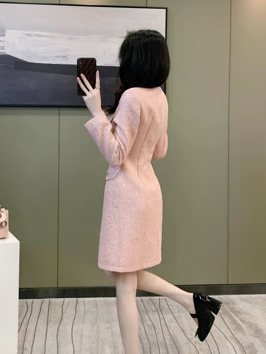 스퀘어넥 원피스 하객룩 트위드 상견례룩 핑크레드 S 42.5-50.0kg - 상세 이미지 3