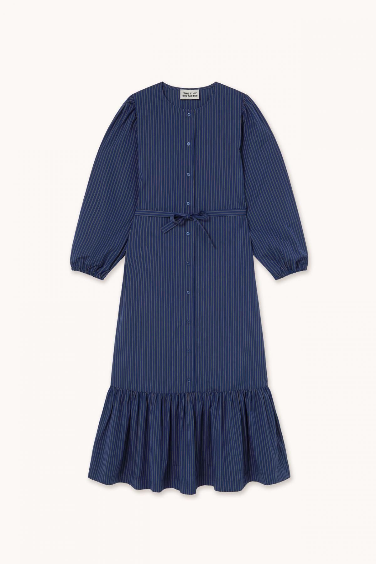 타이니코튼 스트라이프 러플 다크블루 미디 원피스 AW25-807S02 ONE COLOR - 상품 이미지