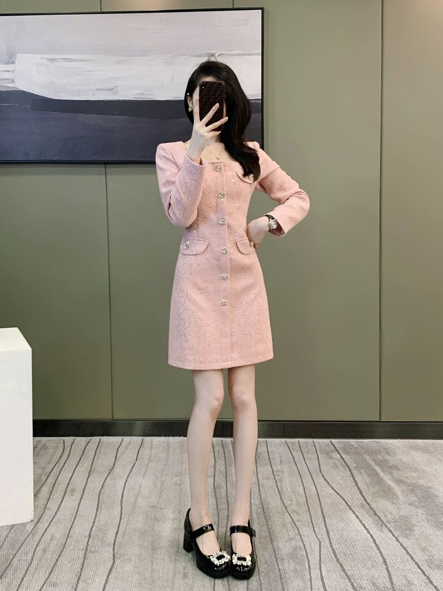 스퀘어넥 원피스 하객룩 트위드 상견례룩 핑크레드 S 42.5-50.0kg - 상세 이미지 2