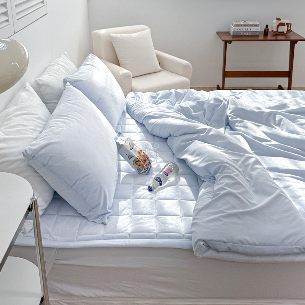 포근한 윈터테일 리버서블 겨울 밍크 극세사 옥수수솜 무봉제 차렵이불 세트 세레니티 블루, DK패드세트(이불+베개커버+침대패드)