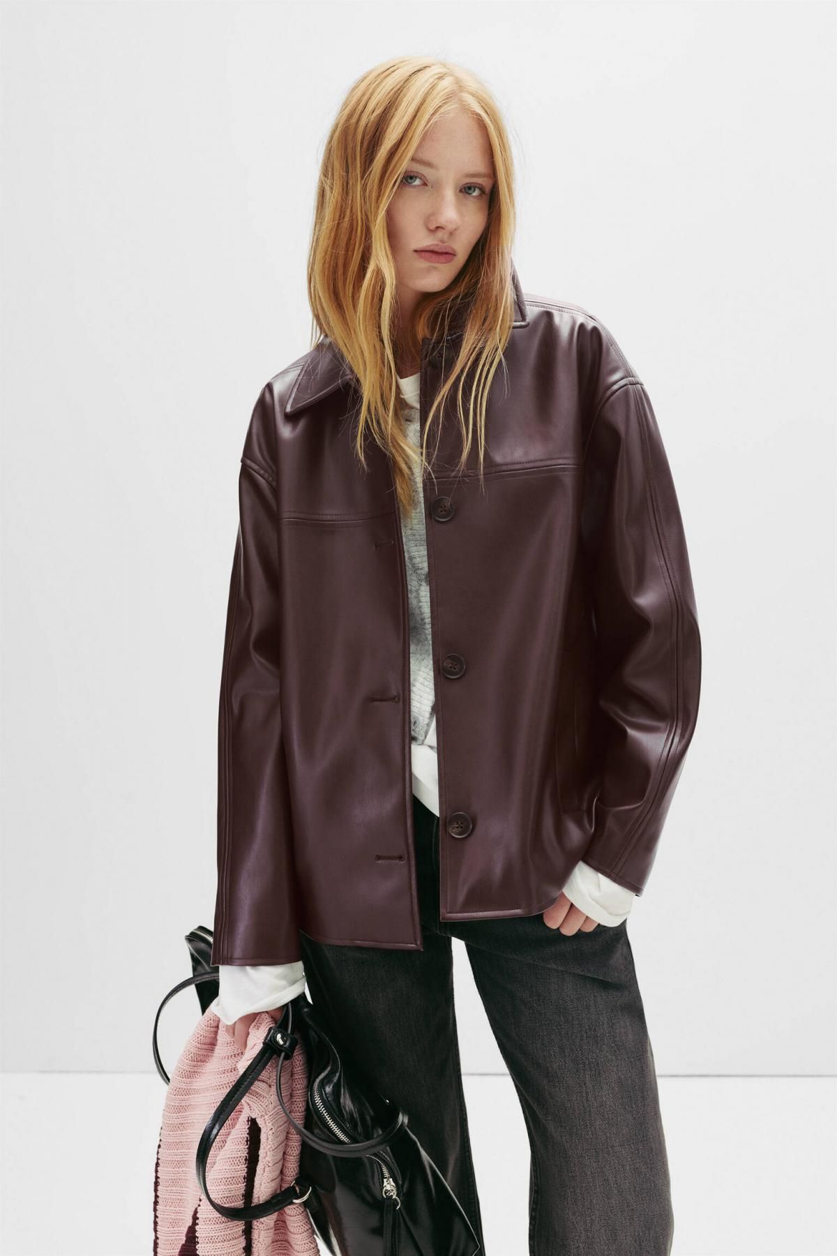 풀앤베어 테크니컬 페이크 레더 스티치 오버핏 재킷 7700/389 BURGUNDY - 상세 이미지 2