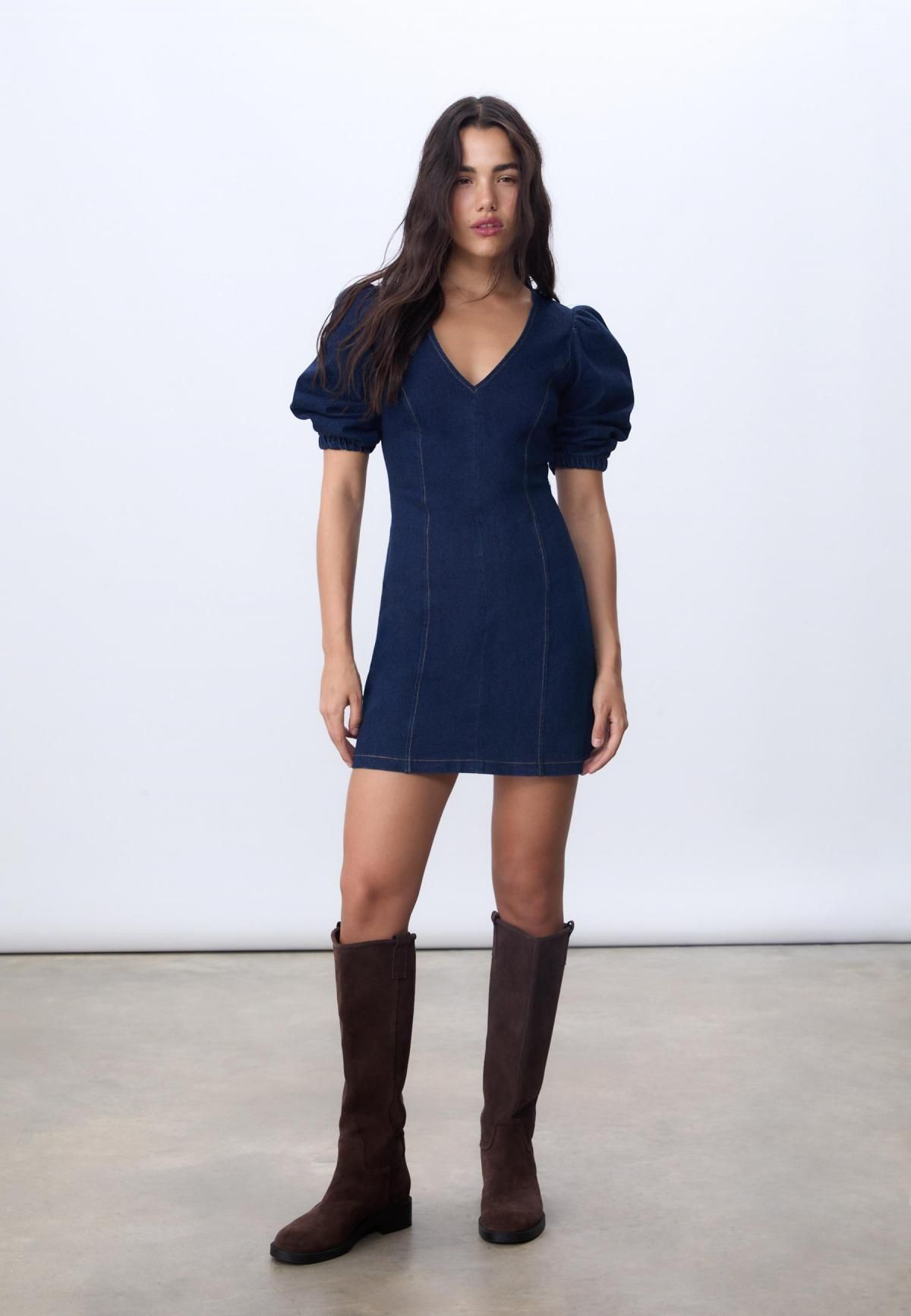 스트라디바리우스 데님 브이넥 퍼프 슬리브 미니 원피스 6264/559 OVERDYED BLUE DENIM - 상세 이미지 4