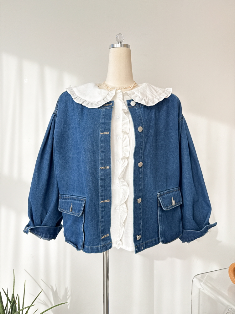노카라 투포켓 어깨핀턱 가을 데님 자켓