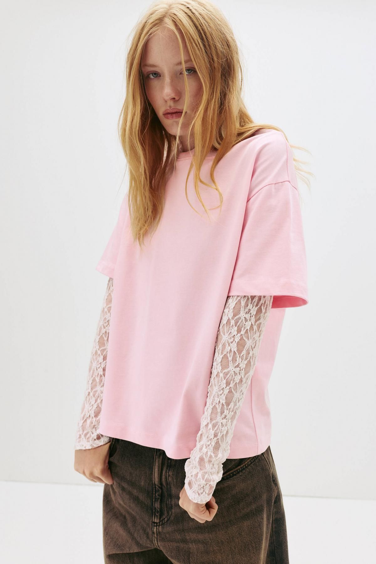 풀앤베어 레이스 레이어드 오버핏 라운드넥 긴팔 티셔츠 7151/390 PINK - 상세 이미지 3