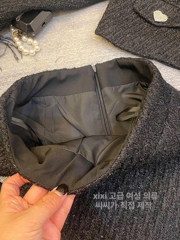 트위드자켓스커트 하객룩투피스세트  크롭자켓 스커트 고급검정 단면 재고 즉시 발송 M 추천 40.0-52.5kg - 상세 이미지 5