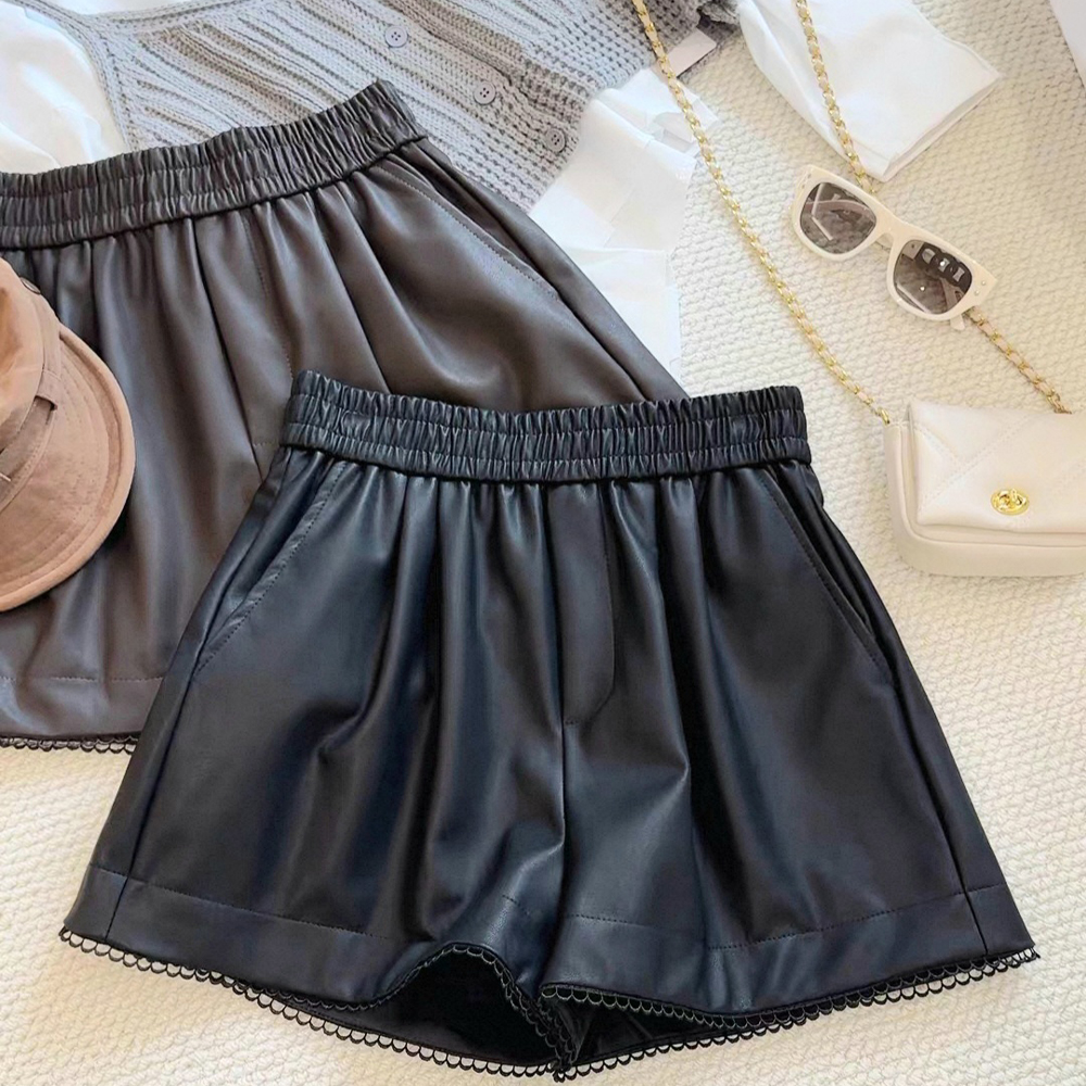 밴딩 고무줄 레더 인조가죽 짧은반바지 팬츠 - 상세 이미지 4