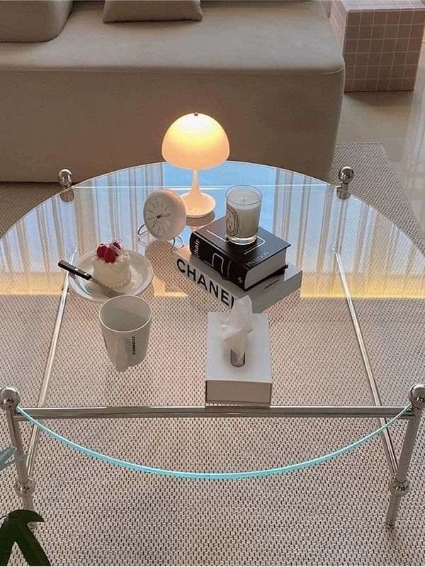 둥근 볼드글라스 좌식테이블 강화유리 메탈 스테인레스 투명 40x40x35 조립 필요 - 상세 이미지 3