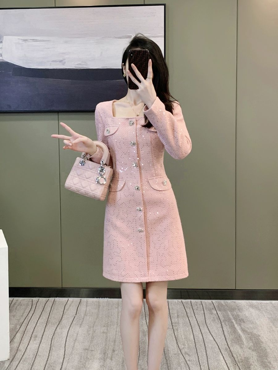 스퀘어넥 원피스 하객룩 트위드 상견례룩 핑크레드 S 42.5-50.0kg - 상세 이미지 5