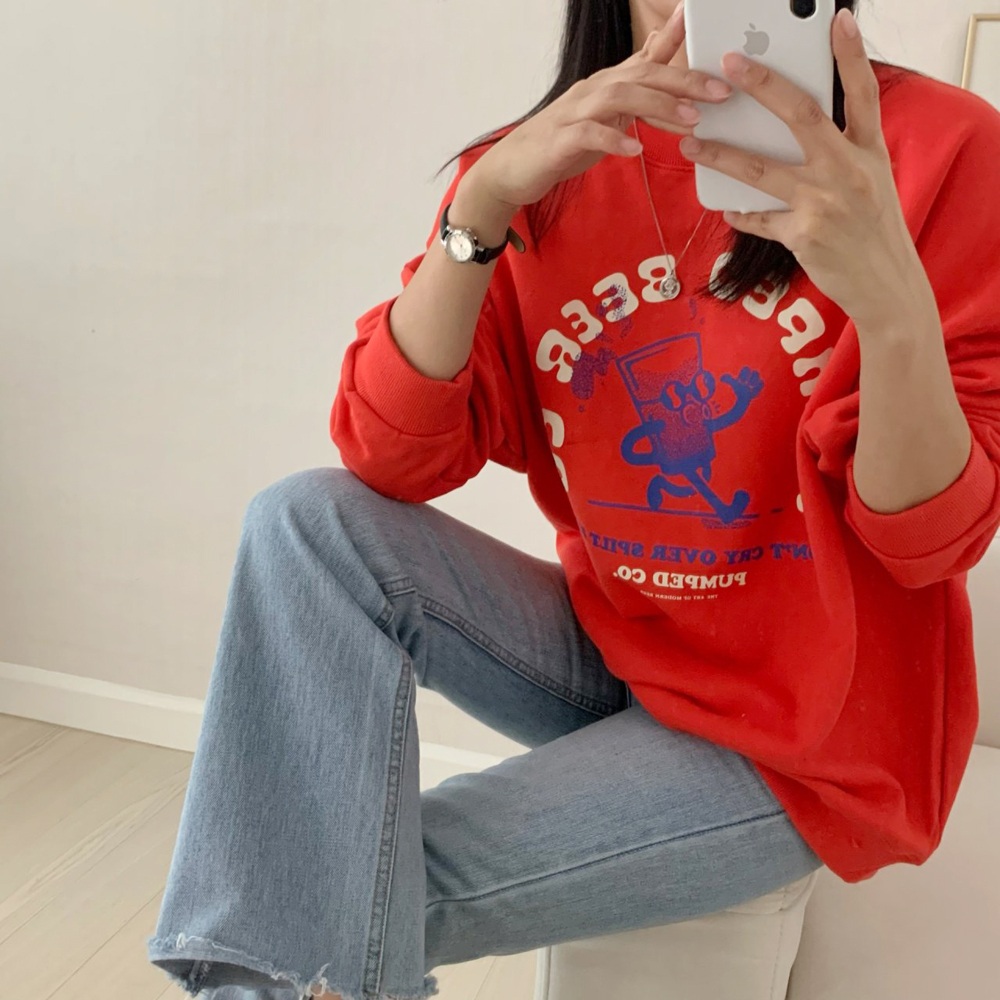 귀여운 오버핏 비어 프린팅 레터링 티셔츠 여성 맨투맨 박스티 여자 가을 티셔츠 코튼 - 상세 이미지 2