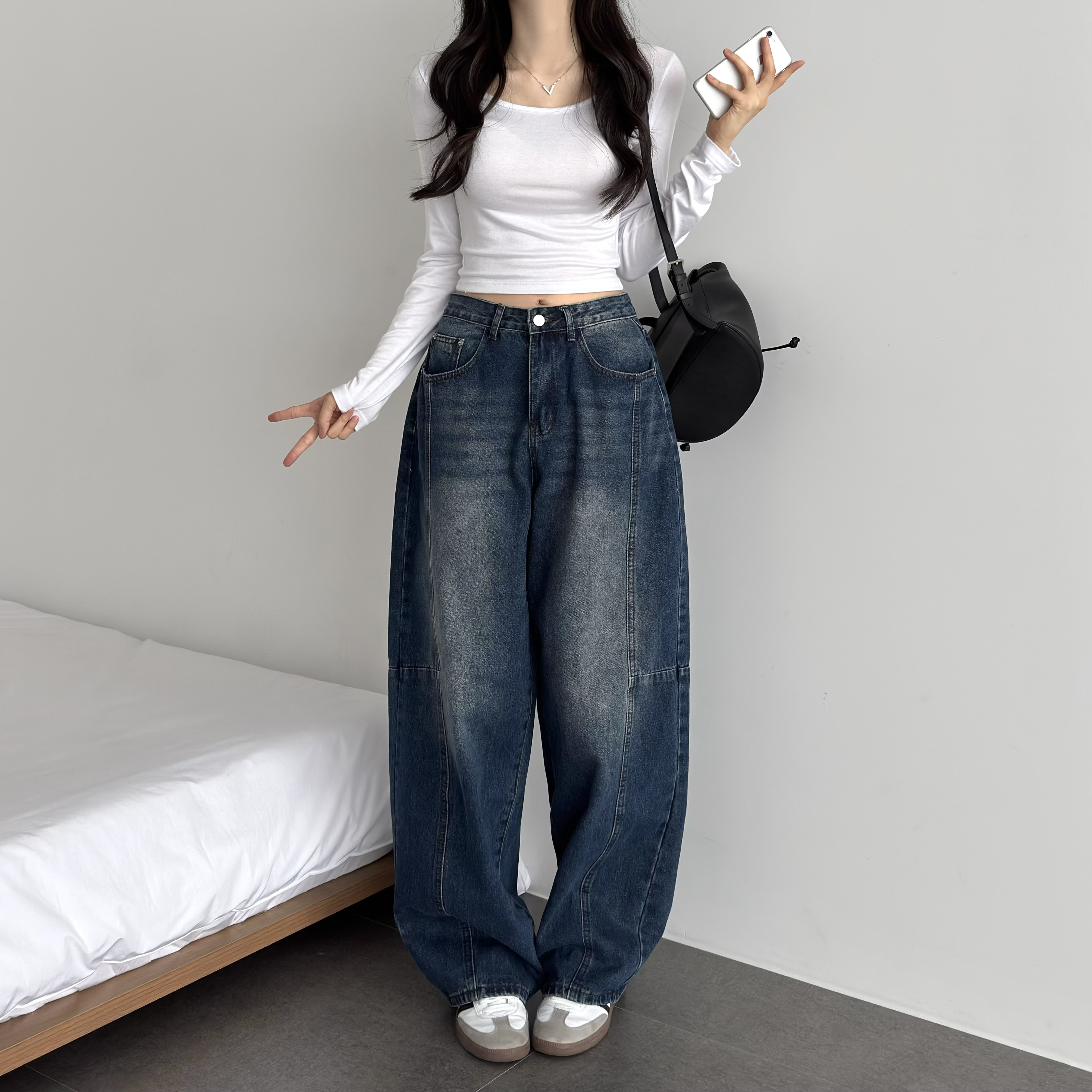 절개라인 벌룬 배기팬츠 키작녀 청바지 - 상세 이미지 4