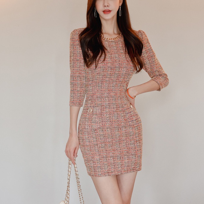 여성 봄 가을 트위드 미니원피스 7부소매 체인 라운드넥 하객룩 모임룩 - 상세 이미지 4