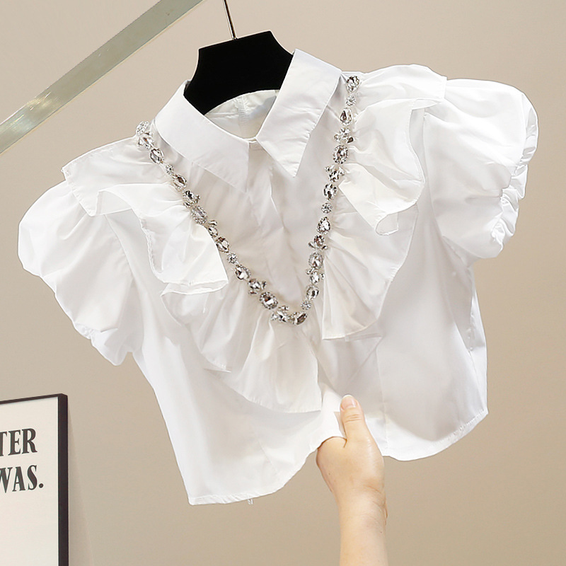 퍼프 세미 크롭 프릴 숏 셔츠 블라우스 큐빅 화이트 핑크 핫핑크 L