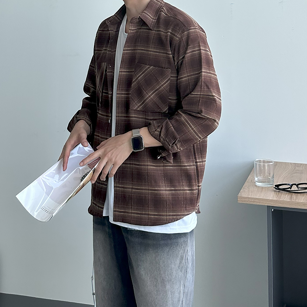 남자 셔츠 구김없는 오버핏 커플 남방 남자 체크셔츠 - 상세 이미지 2