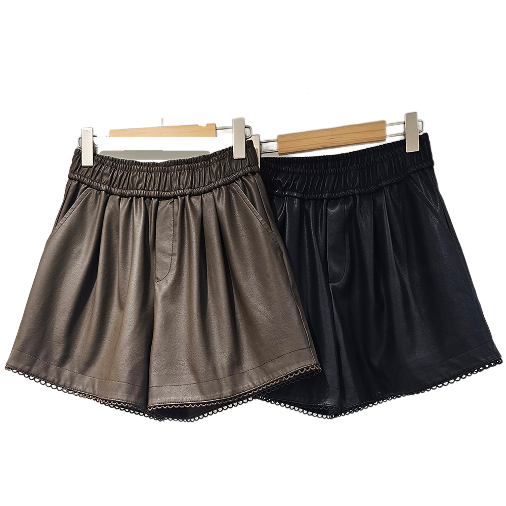 밴딩 고무줄 레더 인조가죽 짧은반바지 팬츠 - 상세 이미지 3