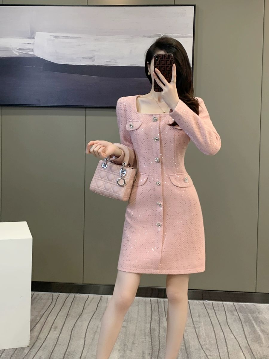 스퀘어넥 원피스 하객룩 트위드 상견례룩 핑크레드 S 42.5-50.0kg - 상세 이미지 4