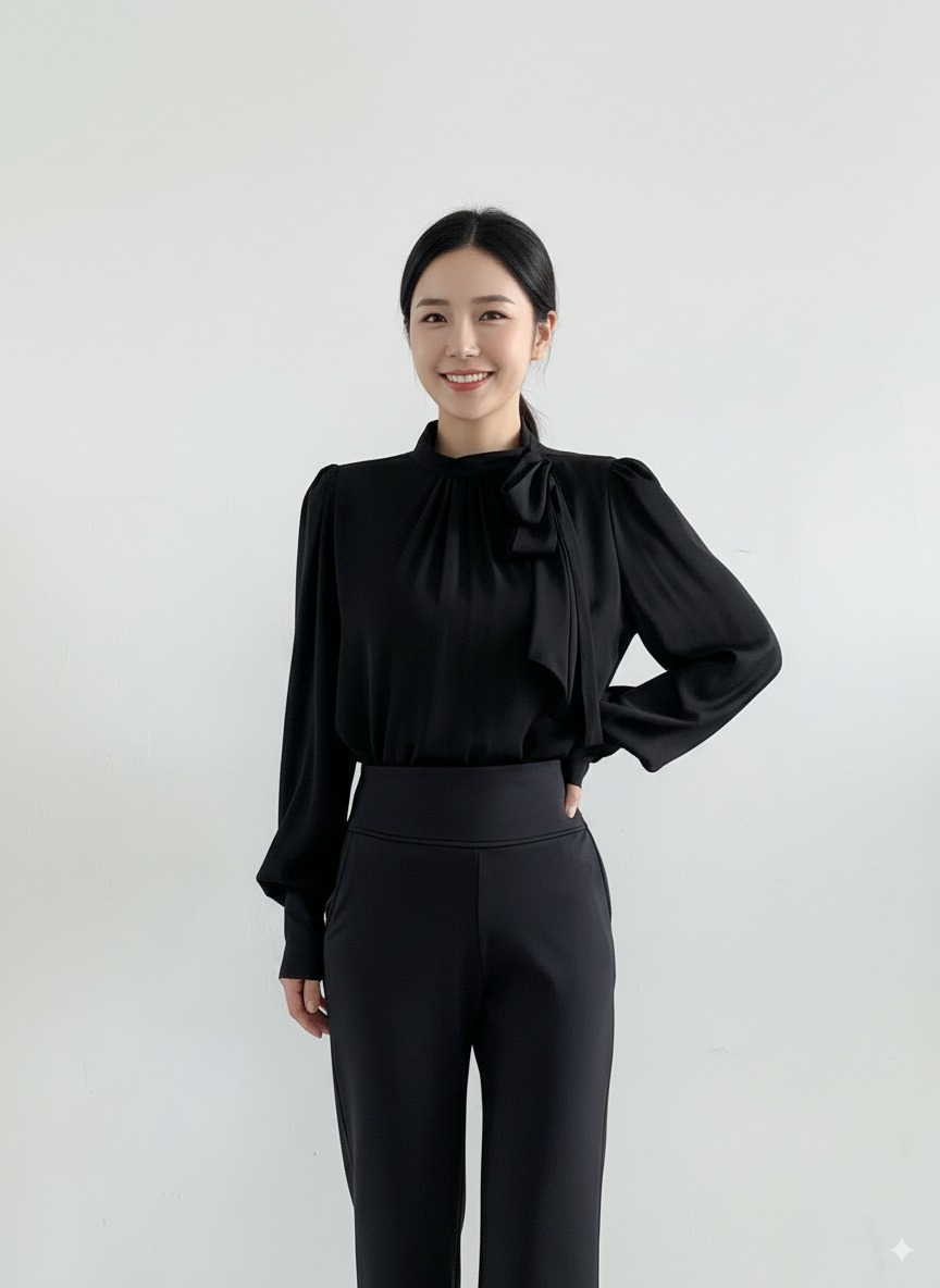 뷔스티에블라우스 리본 타이 여성 우아한 흰 블라우스 - 상세 이미지 4