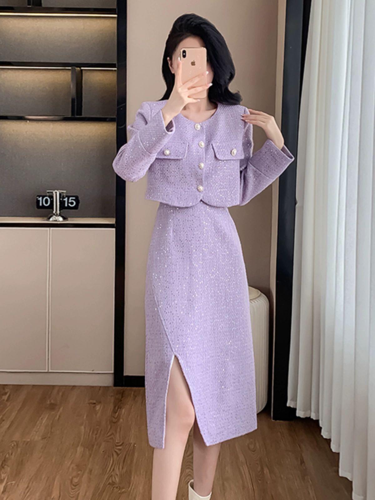 트위드스커트세트 하객룩투피스 크롭자켓 퍼플 가을 투피스 롱스커트코디 연보라 세트 S