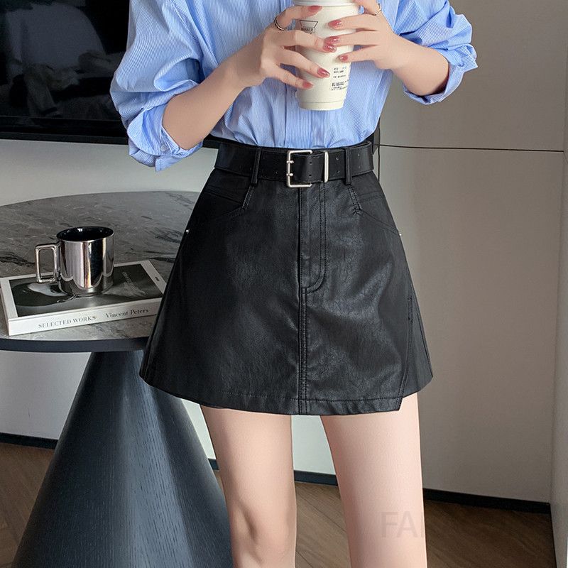 여성 하이웨이스트 A라인 가죽 스커트 팬츠 캐주얼 스타일 숏 스커트 올매치 디자인 데일리 착용감 편안한 가죽스커트 트렌디한 패션 아이템 - 상세 이미지 3