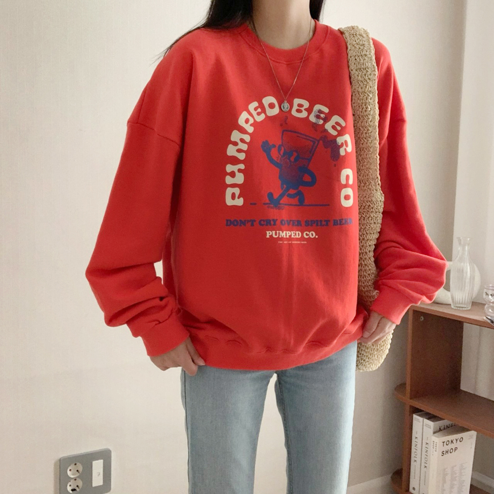 귀여운 오버핏 비어 프린팅 레터링 티셔츠 여성 맨투맨 박스티 여자 가을 티셔츠 코튼 - 상세 이미지 3