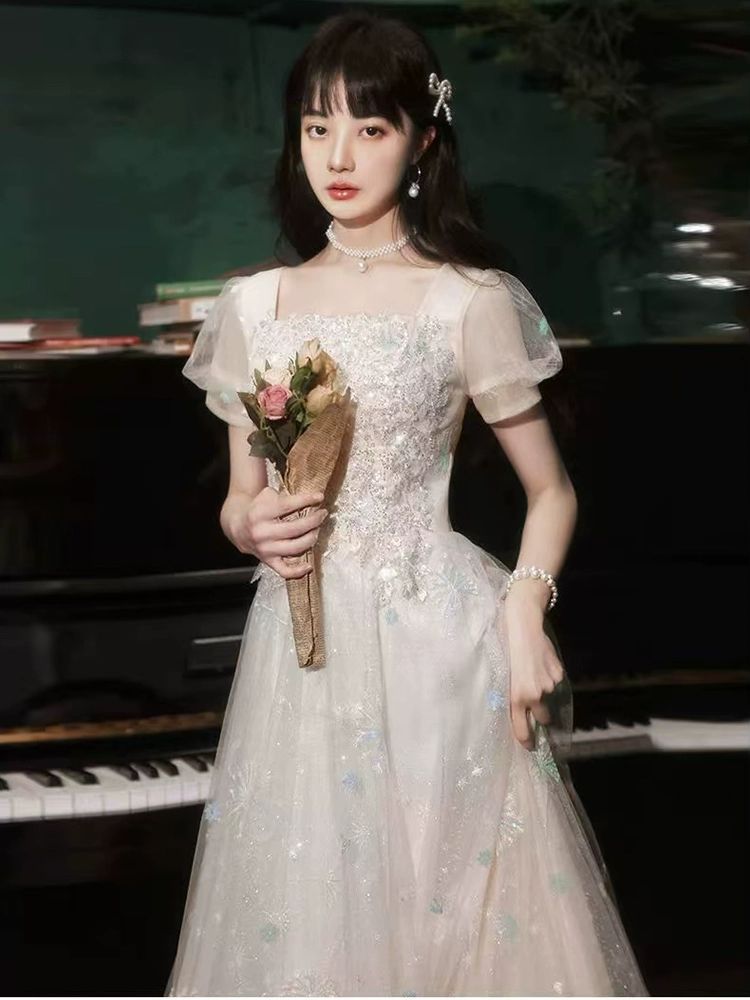 플러스사이즈돌맘드레스 셀프웨딩 연주회복 이브닝드레스 4XL까지  샴페인화이트 긴치마 140cm XS 41.5kg 정도 착용 - 상세 이미지 2