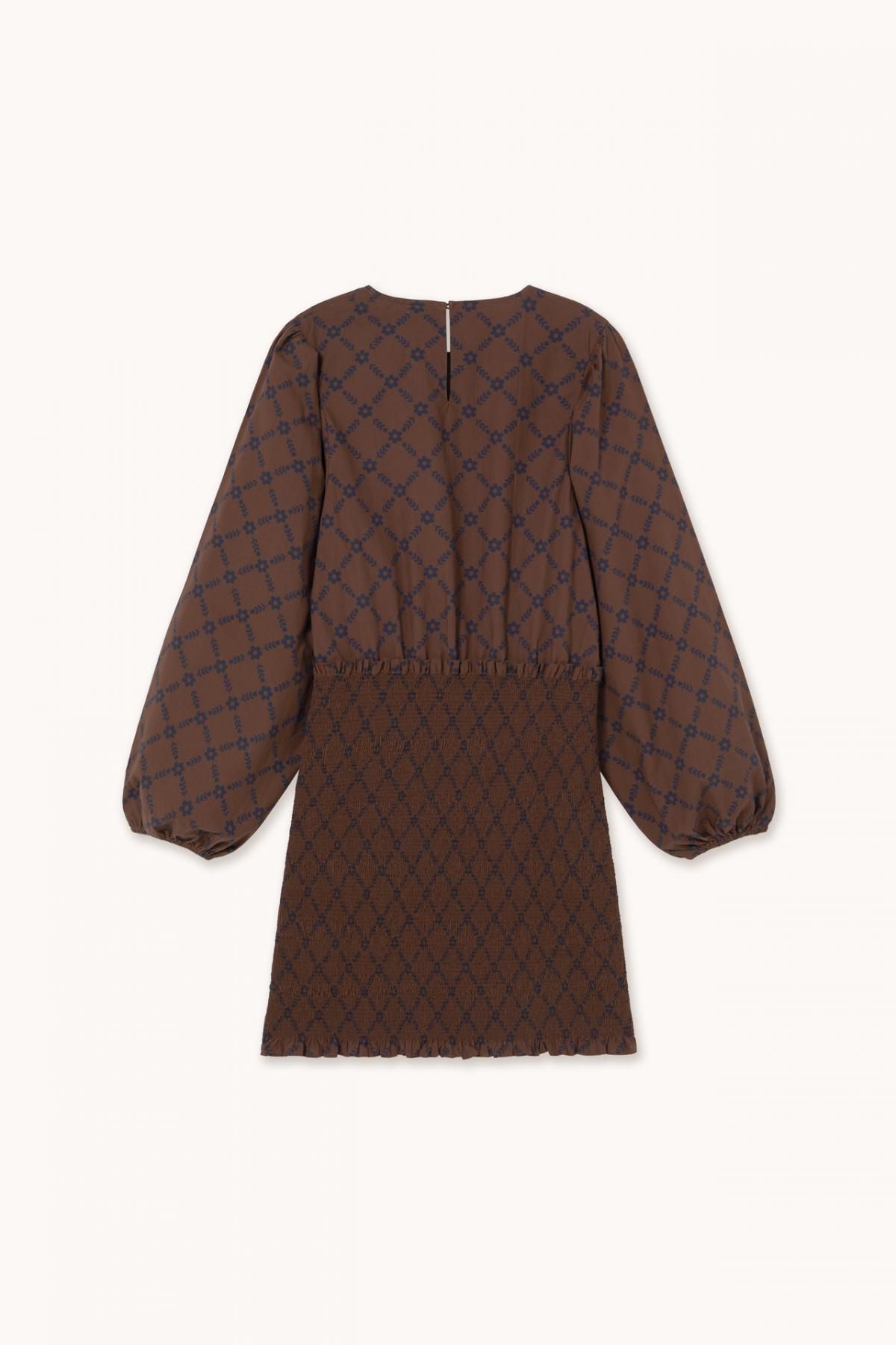 타이니코튼 플라워 그리드 초콜릿 브라운 퍼프소매 미니 원피스 AW25-636K22 ONE COLOR - 상세 이미지 2