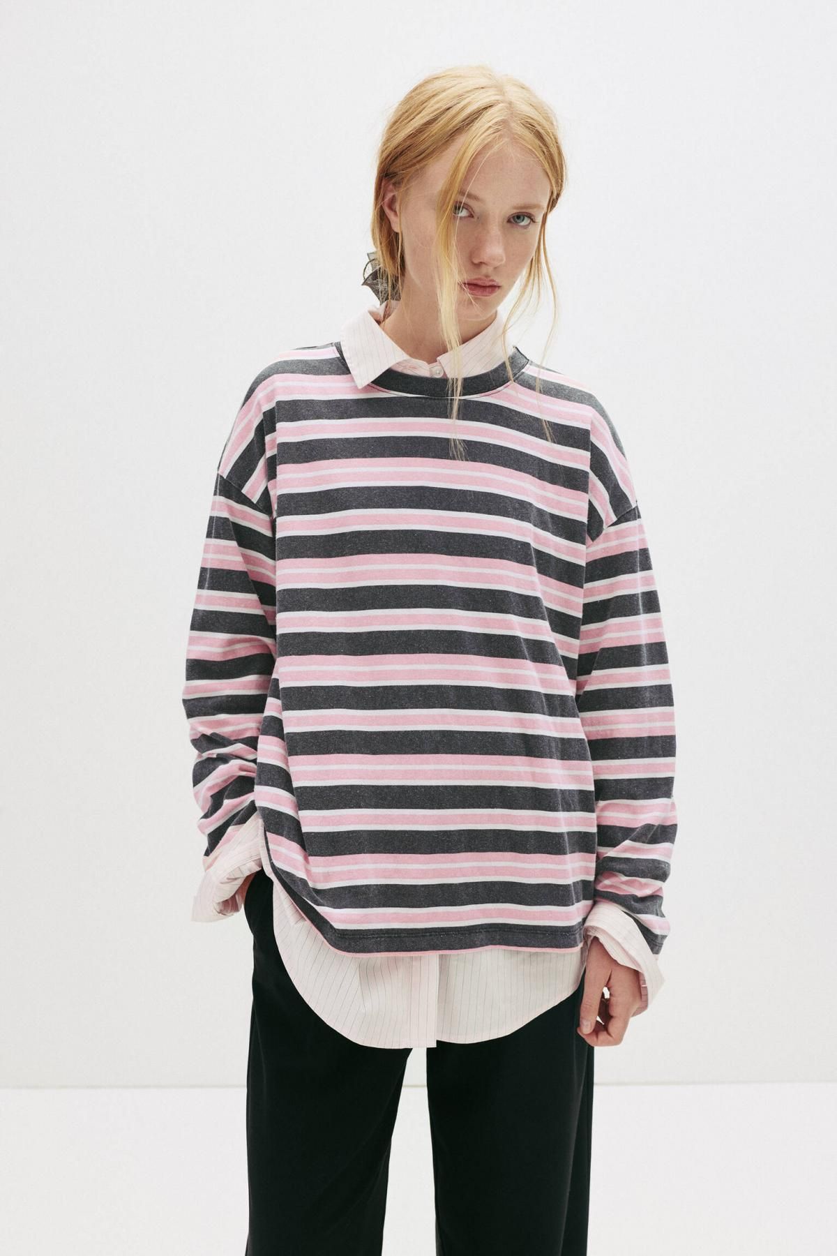 풀앤베어 코튼 라운드넥 오버핏 스트라이프 멀티컬러 긴팔 티셔츠 7152/335 STRIPED - 상세 이미지 2