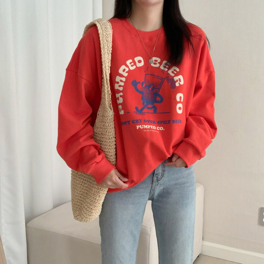 귀여운 오버핏 비어 프린팅 레터링 티셔츠 여성 맨투맨 박스티 여자 가을 티셔츠 코튼 - 상세 이미지 4