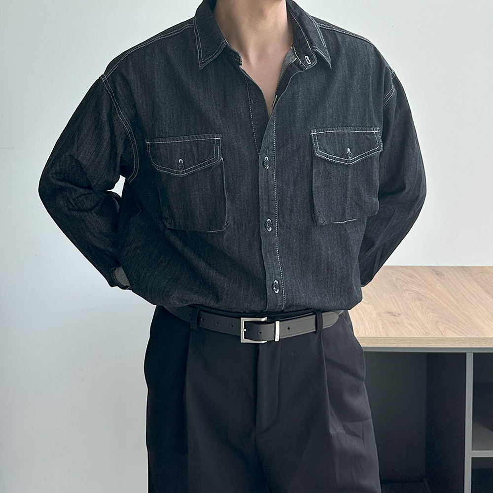 남자 청남방 오버핏 생지 데님 셔츠 남자 셔츠 - 상품 이미지