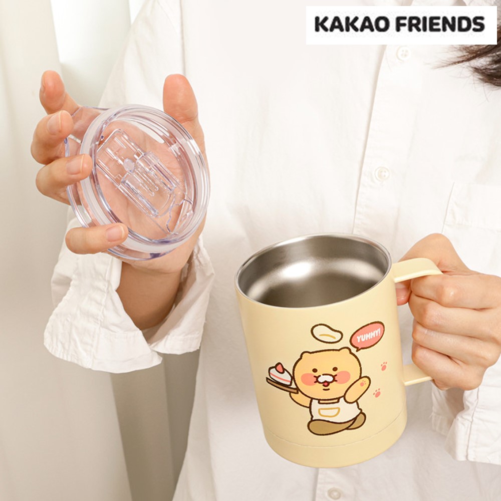 춘식이 텀블러 컵 스텐 손잡이 보온 보냉 뚜껑 카카오 굿즈 340ml 340ml, 아이보리, 1개 - 상품 이미지