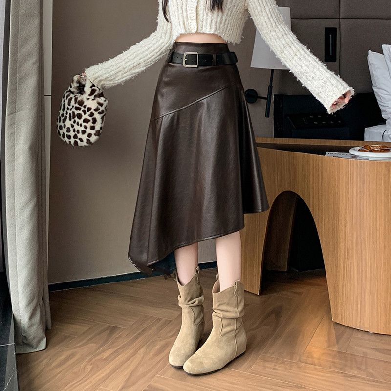 가죽 롱스커트 여성용 미디 슬릿 스타일 슬림핏 불규칙한 밑단 A라인스커트 가을 데일리 패션 세련된 디자인 - 상품 이미지