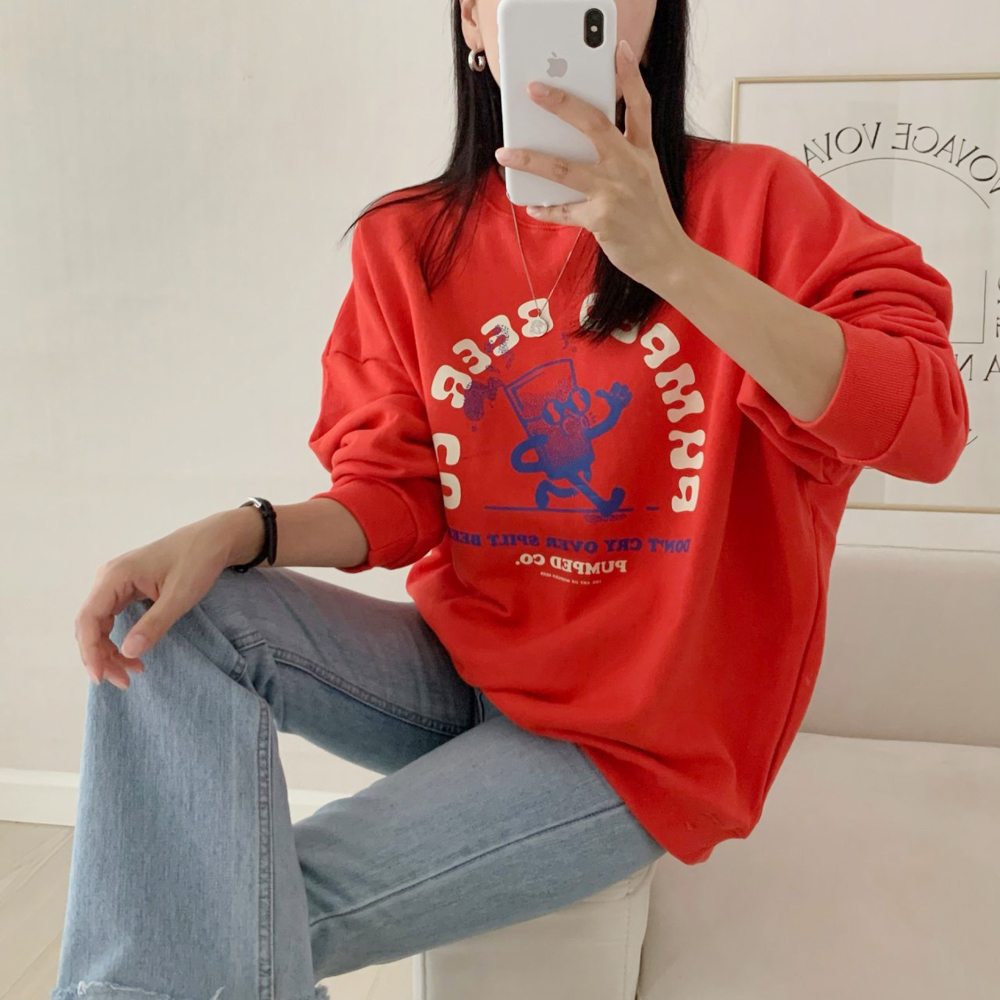 귀여운 오버핏 비어 프린팅 레터링 티셔츠 여성 맨투맨 박스티 여자 가을 티셔츠 코튼 - 상품 이미지